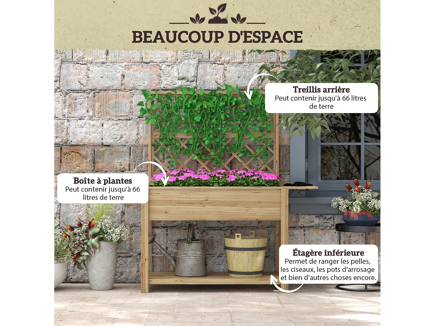 Jardinière rectangulaire sur pied avec treillis - tablettes, étagère - bois sapin autoclave