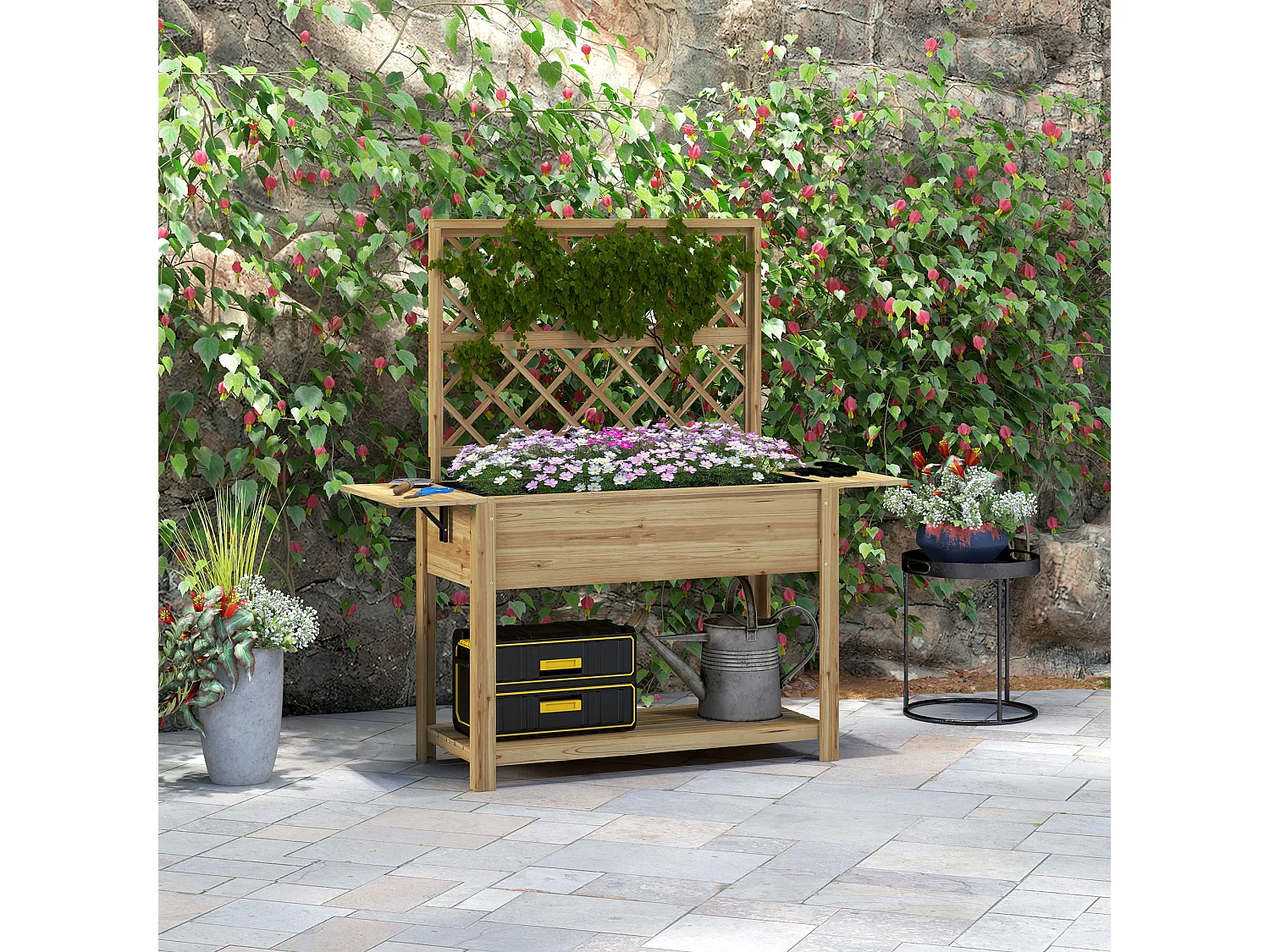 Jardinière rectangulaire sur pied avec treillis - tablettes, étagère - bois sapin autoclave