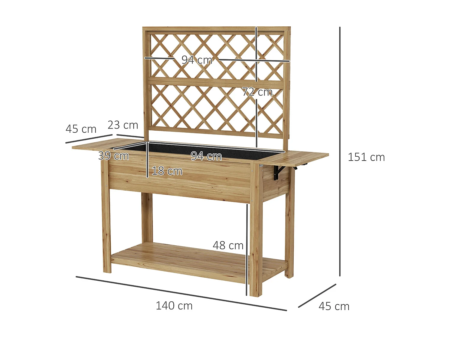 Jardinière rectangulaire sur pied avec treillis - tablettes, étagère - bois sapin autoclave