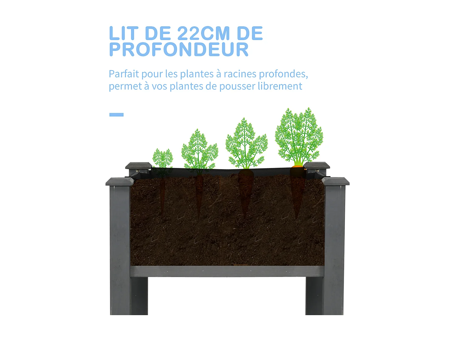 Jardinière sur pieds potager dim. 122L x 56l x 76H cm inserts d'irrigation + feutre de drainage inclus bois sapin gris