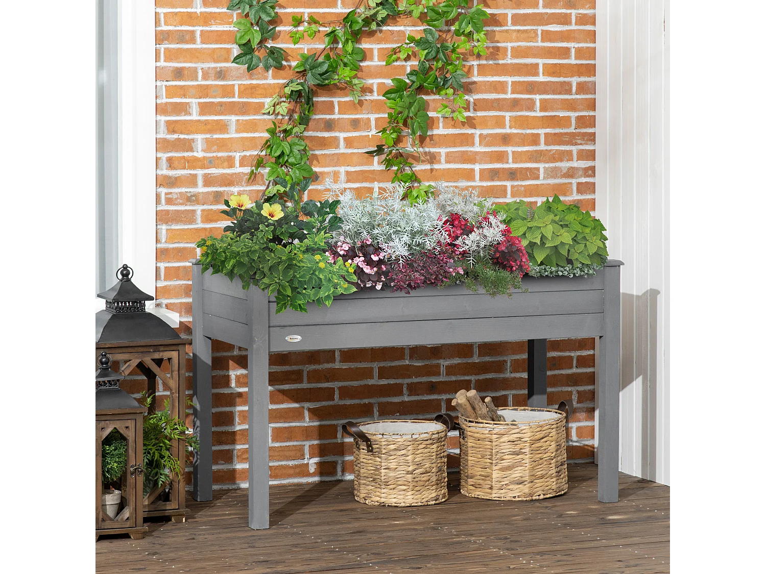 Jardinière sur pieds potager dim. 122L x 56l x 76H cm inserts d'irrigation + feutre de drainage inclus bois sapin gris