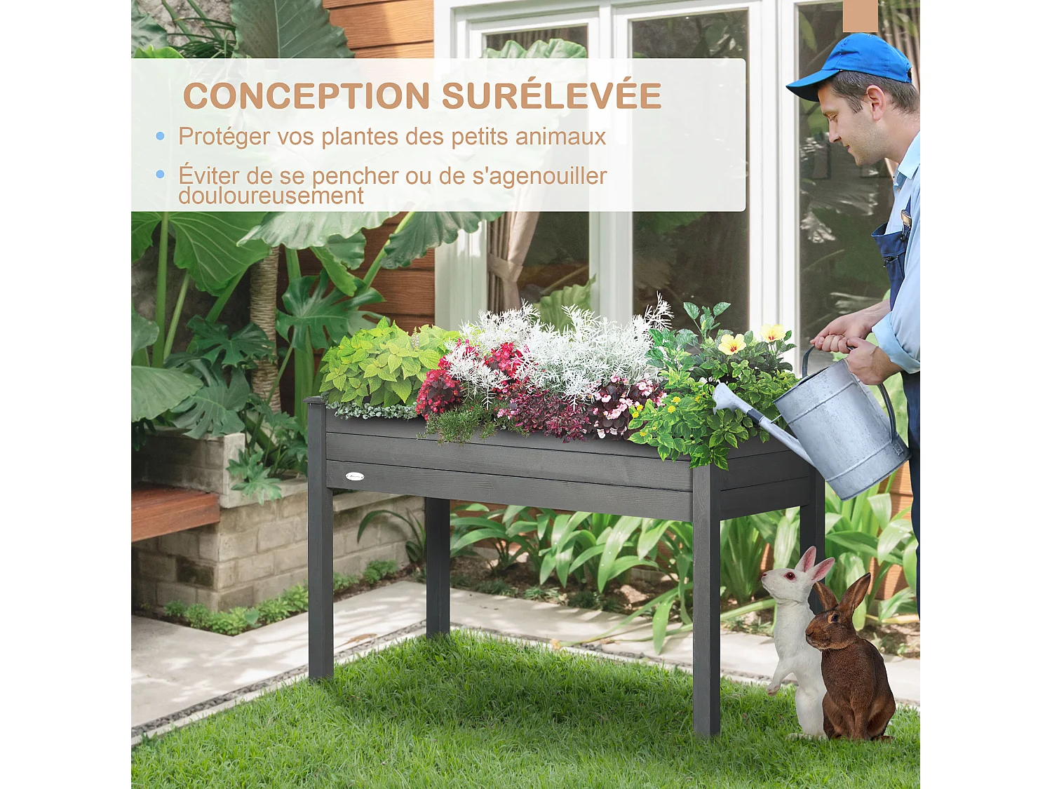 Jardinière sur pieds potager dim. 122L x 56l x 76H cm inserts d'irrigation + feutre de drainage inclus bois sapin gris