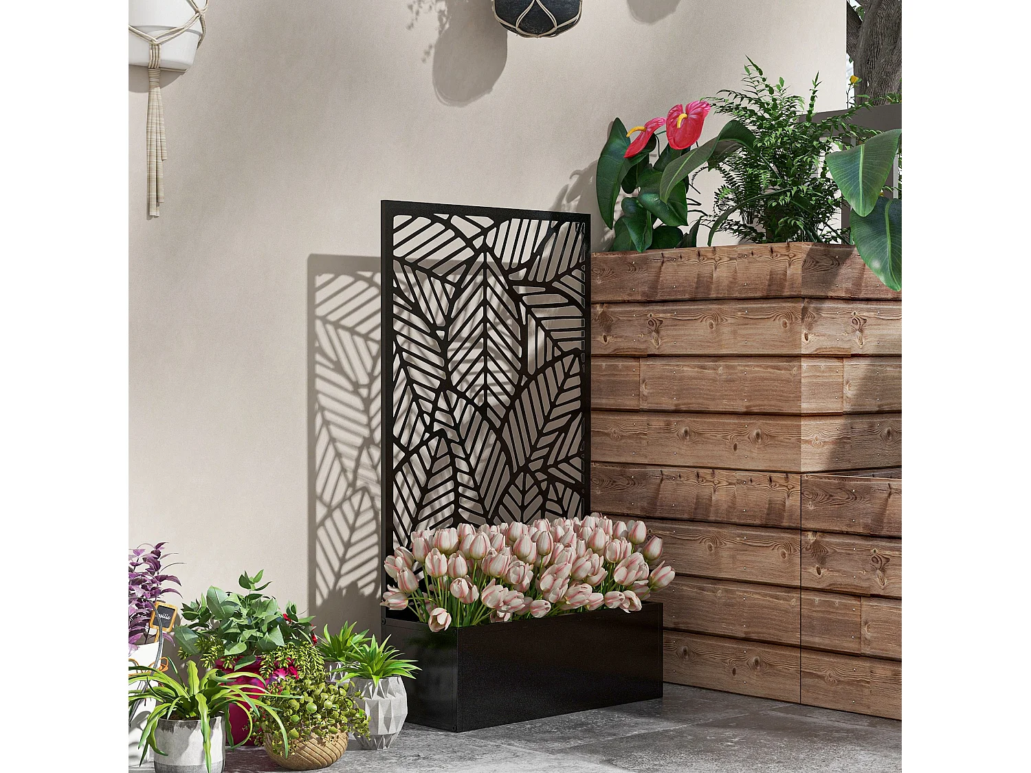 Jardinière avec treillis design - bac à fleurs - dim. 61L x 23l x 113H cm - fixation murale possible - métal époxy noir