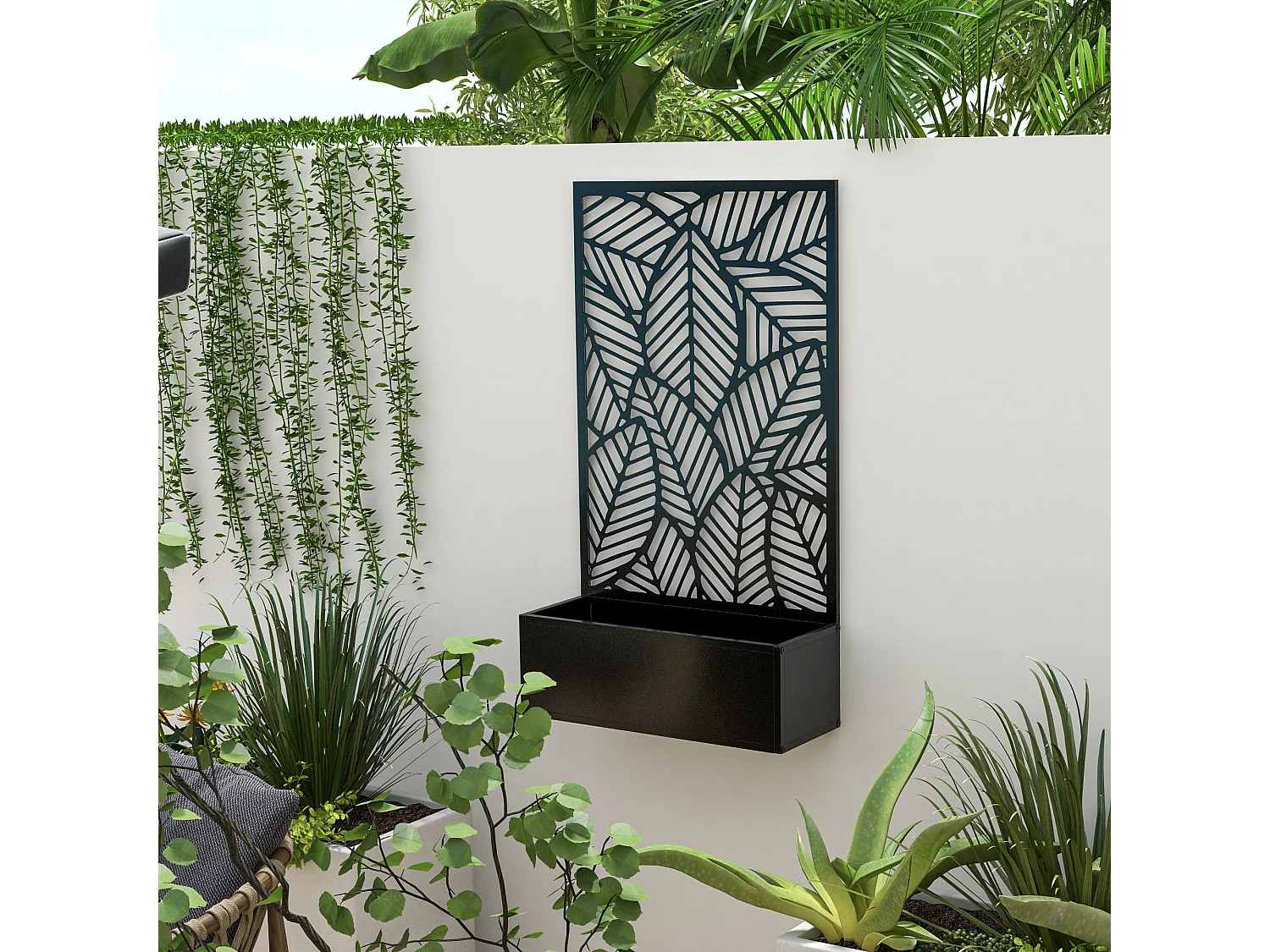 Jardinière avec treillis design - bac à fleurs - dim. 61L x 23l x 113H cm - fixation murale possible - métal époxy noir