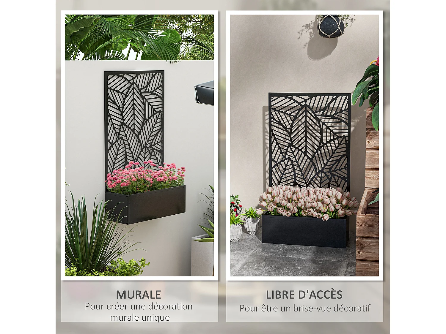 Jardinière avec treillis design - bac à fleurs - dim. 61L x 23l x 113H cm - fixation murale possible - métal époxy noir