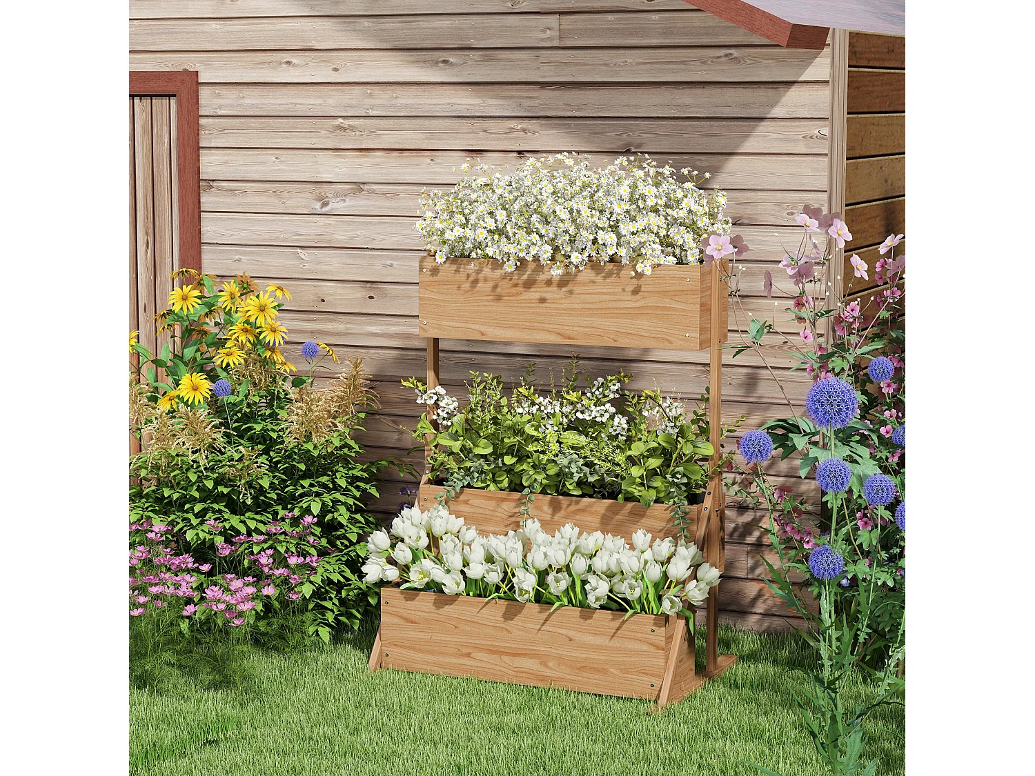 Jardinière carré potager 3 niveaux - inserts d'irrigation, feutre drainage inclus - bois sapin pré-huilé