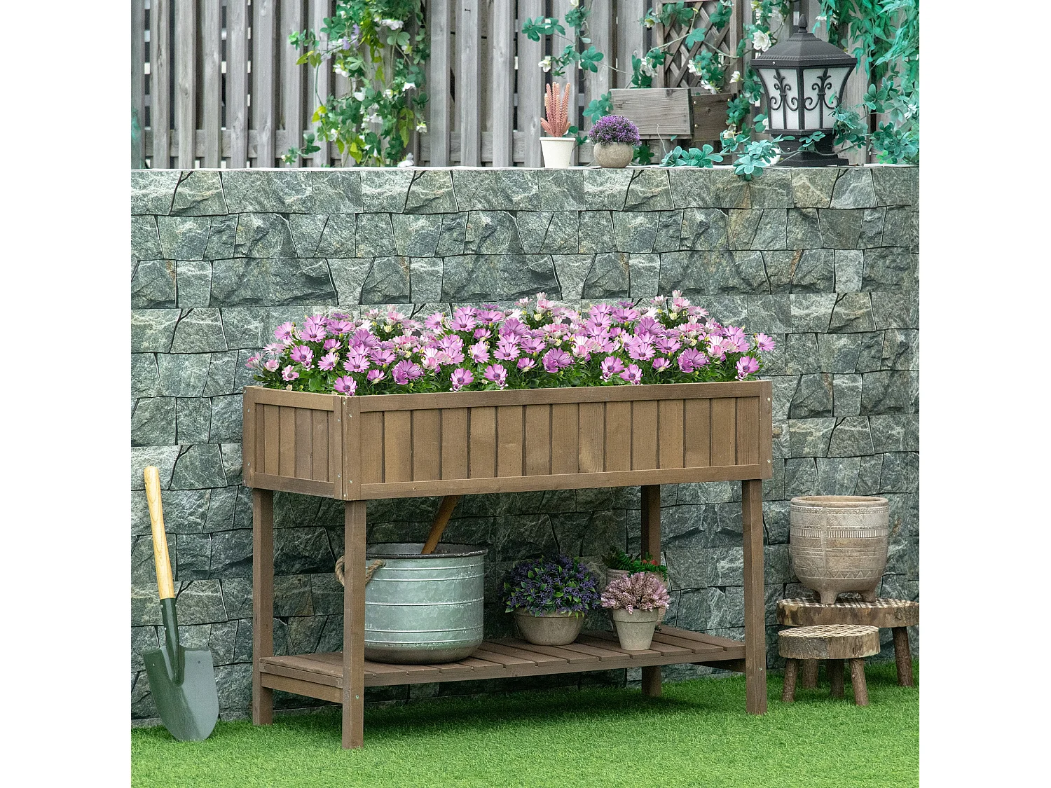 Jardinière sur pieds carré potager avec étagère dim. 110L x 46l x 76H cm 8 compartiments & inserts d'irrigation bois de sapin marron