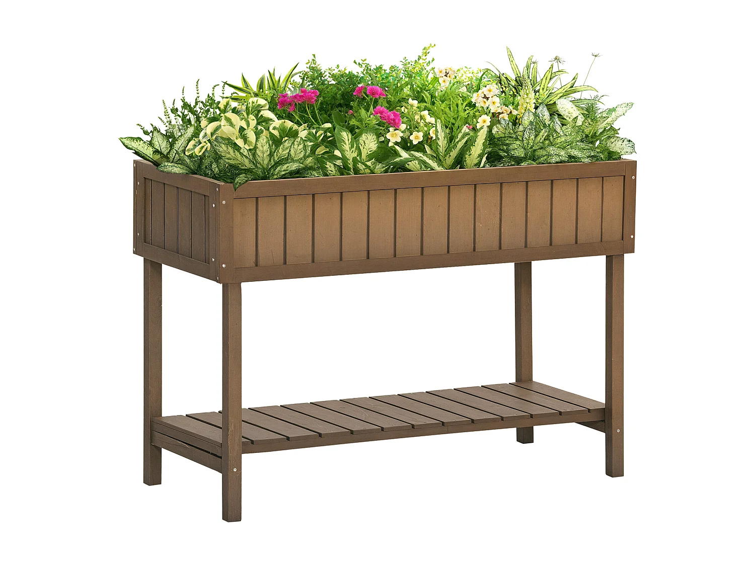 Jardinière sur pieds carré potager avec étagère dim. 110L x 46l x 76H cm 8 compartiments & inserts d'irrigation bois de sapin marron