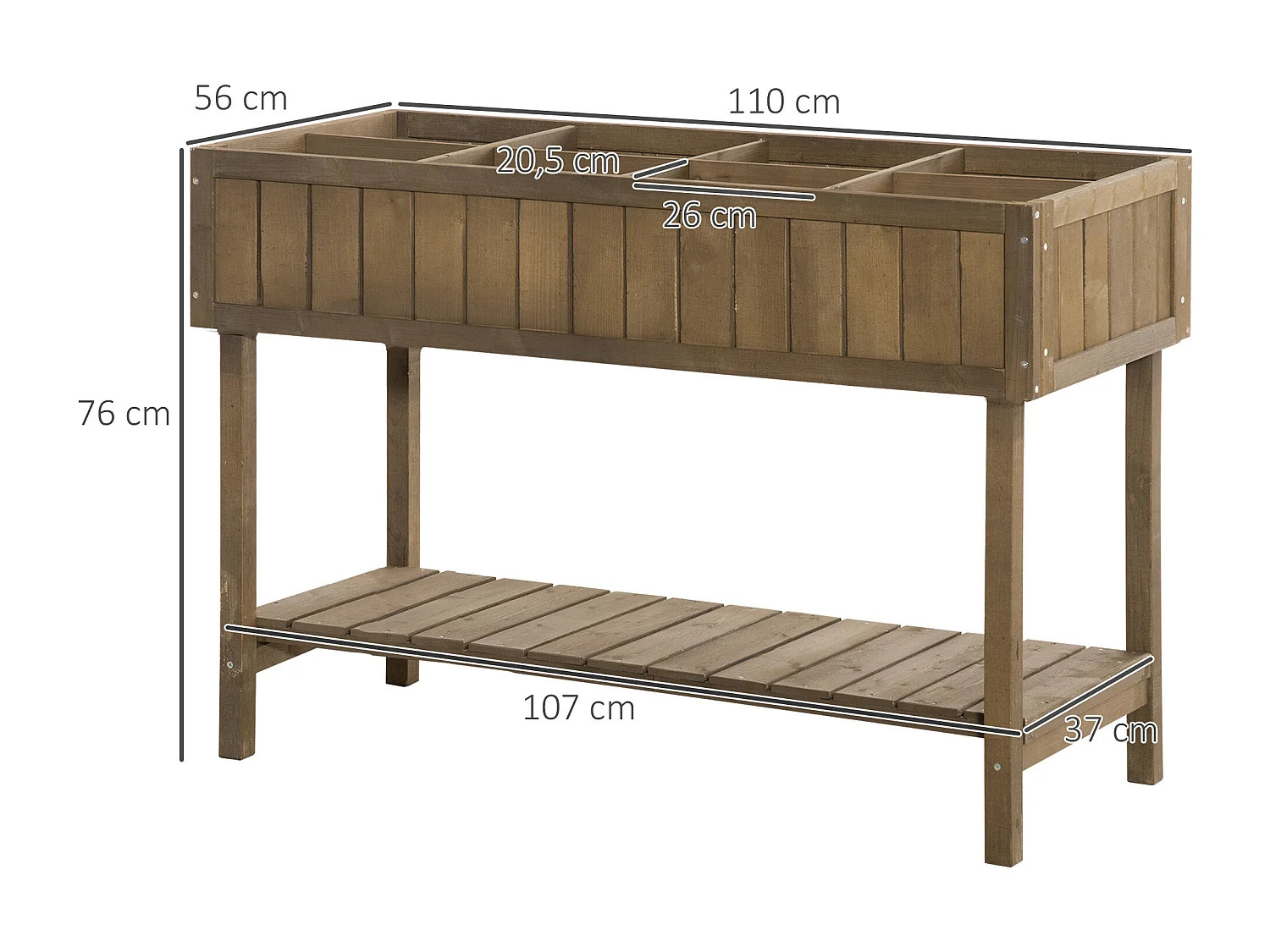 Jardinière sur pieds carré potager avec étagère dim. 110L x 46l x 76H cm 8 compartiments & inserts d'irrigation bois de sapin marron