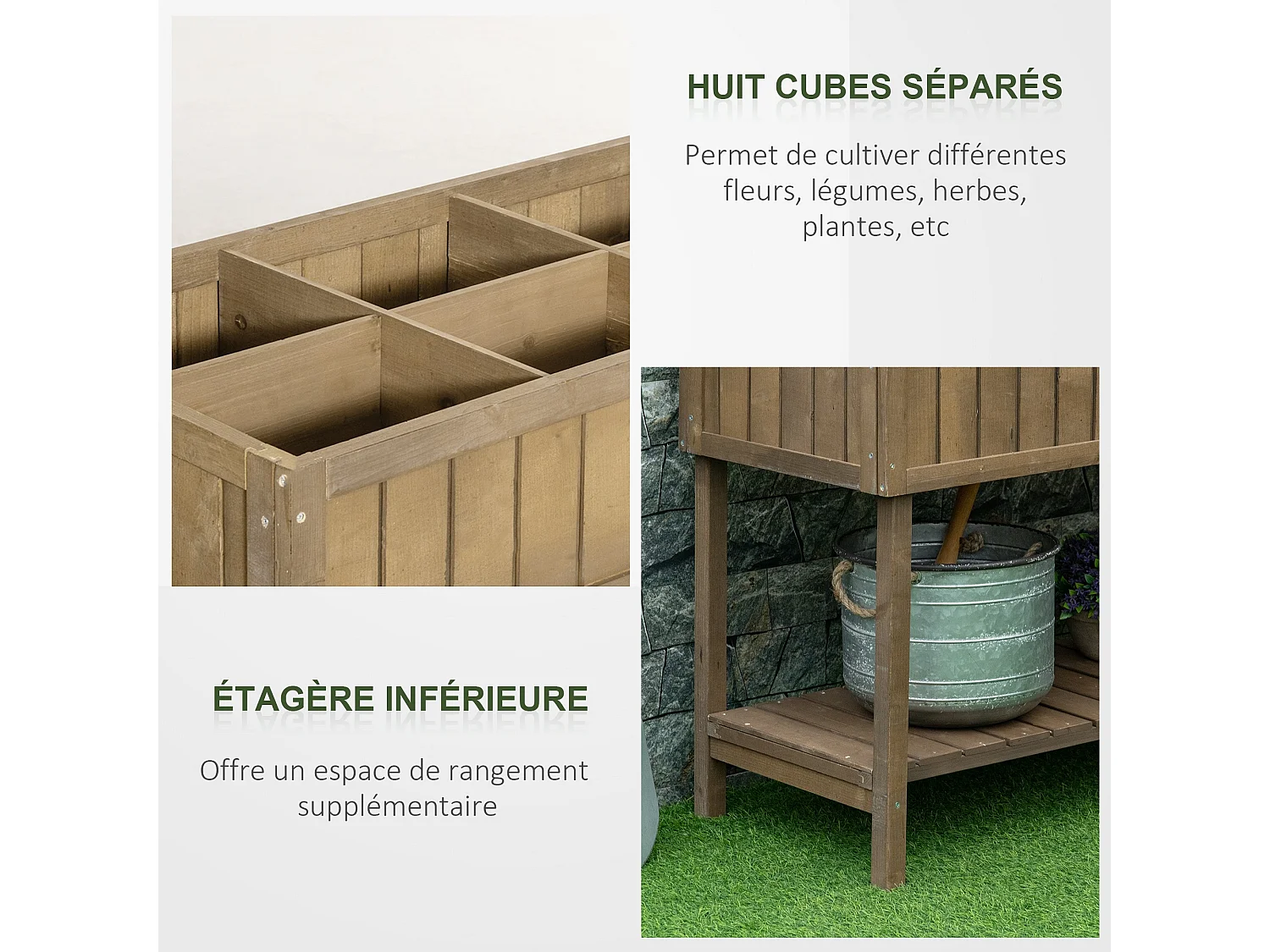 Jardinière sur pieds carré potager avec étagère dim. 110L x 46l x 76H cm 8 compartiments & inserts d'irrigation bois de sapin marron