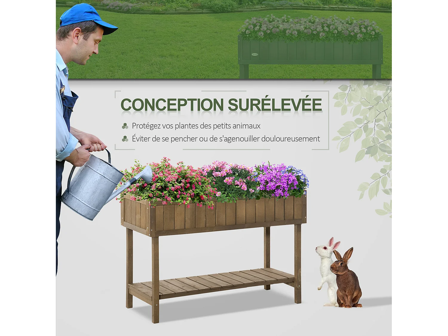 Jardinière sur pieds carré potager avec étagère dim. 110L x 46l x 76H cm 8 compartiments & inserts d'irrigation bois de sapin marron