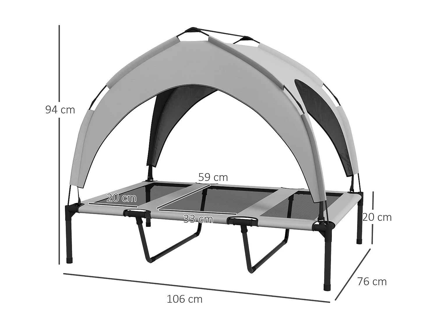 Lit chien sur pied avec voile ombrage - 106 x 76 x 94 cm - sac de transport - gris