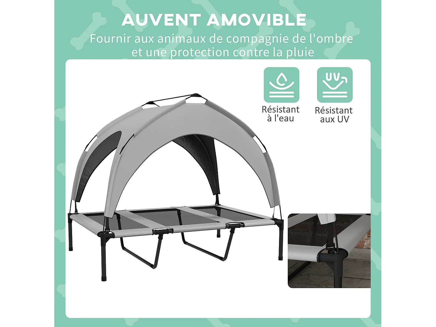 Lit chien sur pied avec voile ombrage - 106 x 76 x 94 cm - sac de transport - gris