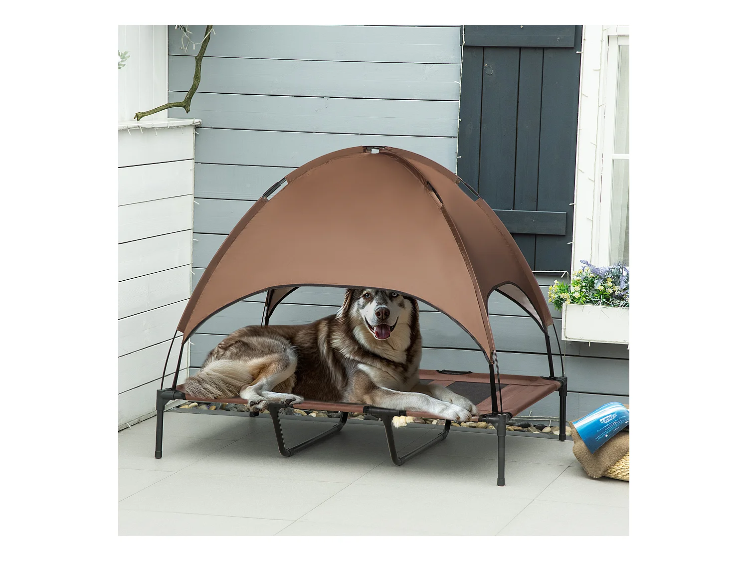 Lit pour chien chat sur pied velum anti-UV tissu Oxford micro-perforé sac transport inclus marron