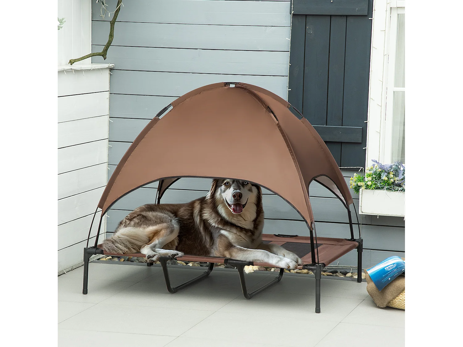 Lit pour chien chat sur pied velum anti-UV tissu Oxford micro-perforé sac transport inclus marron