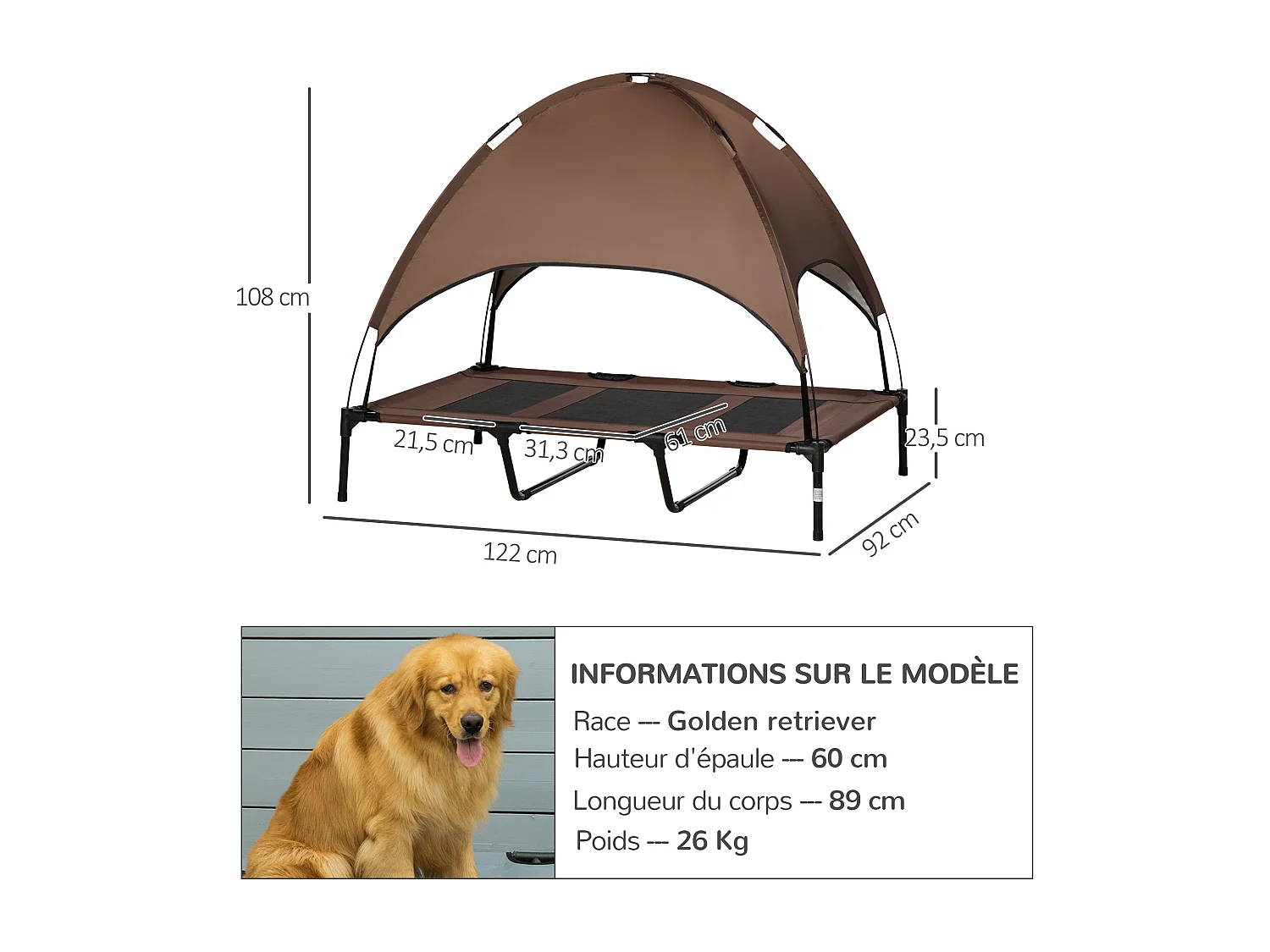 Lit pour chien chat sur pied velum anti-UV tissu Oxford micro-perforé sac transport inclus marron