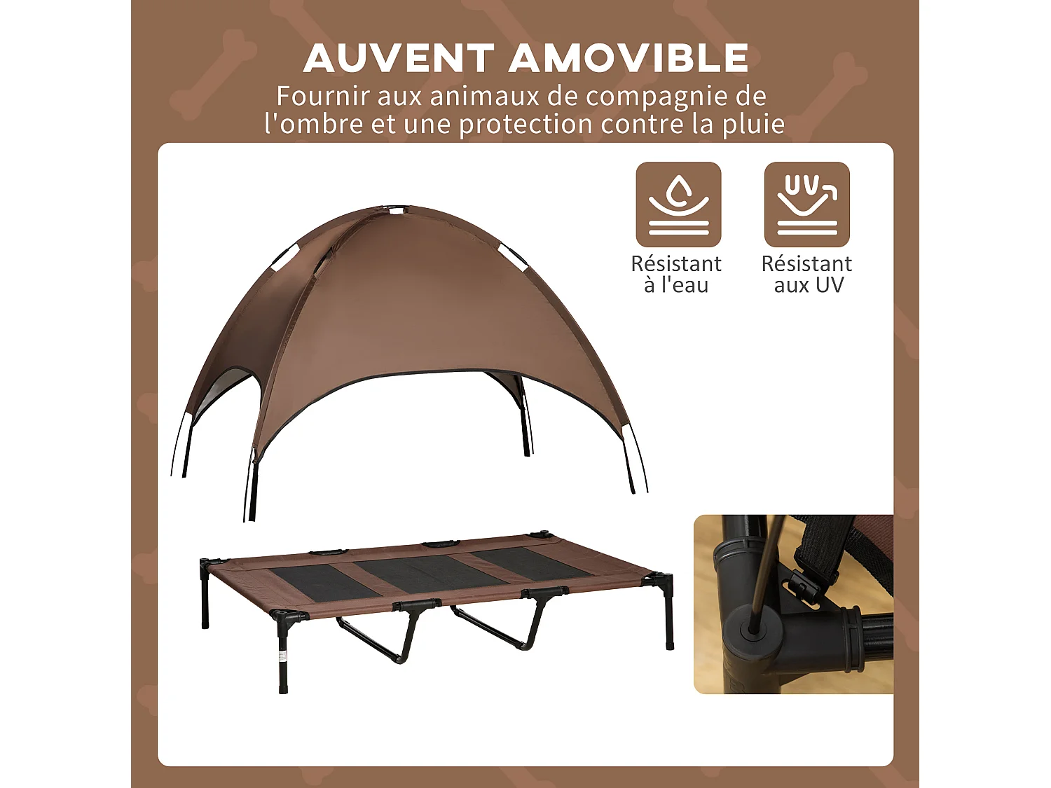 Lit pour chien chat sur pied velum anti-UV tissu Oxford micro-perforé sac transport inclus marron