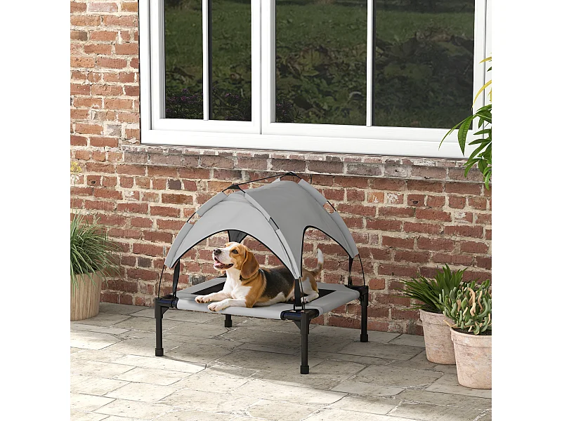 Lit chien sur pied avec voile ombrage - sac de transport - gris