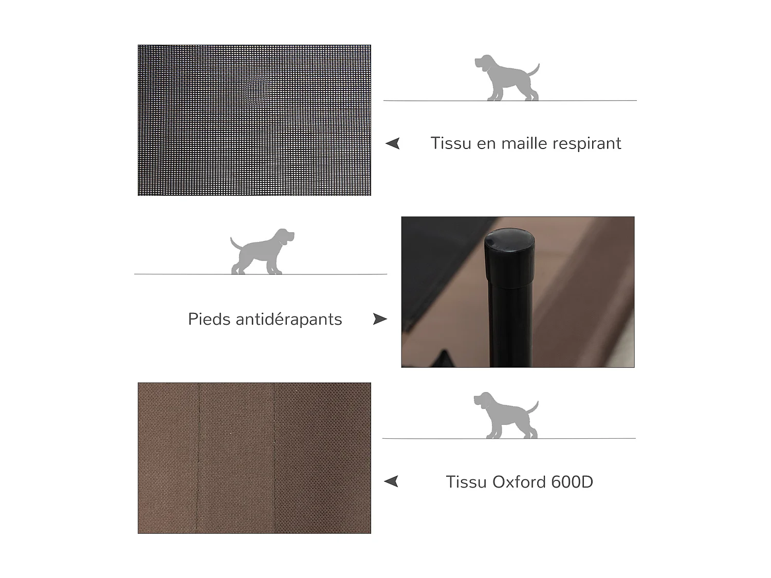 Lit pour chien chat sur pieds tissu oxford textilène micro-perforé 76L x 61l x 18H cm marron noir