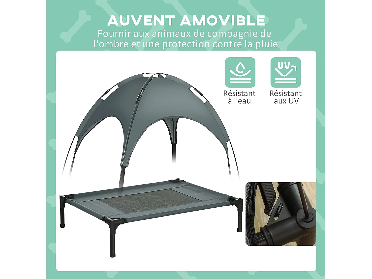 Lit pour chien chat sur pied velum anti-UV tissu Oxford micro-perforé sac transport inclus gris