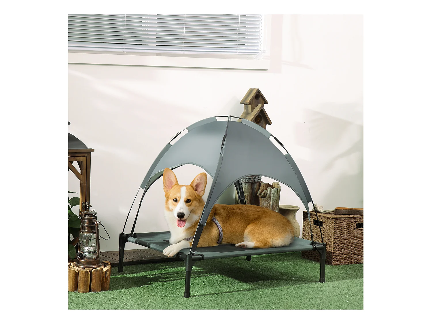 Lit pour chien chat sur pied velum anti-UV tissu Oxford micro-perforé sac transport inclus gris