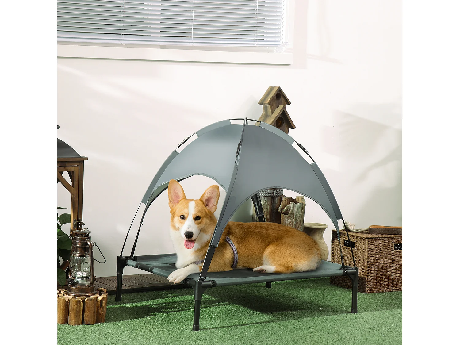 Lit pour chien chat sur pied velum anti-UV tissu Oxford micro-perforé sac transport inclus gris