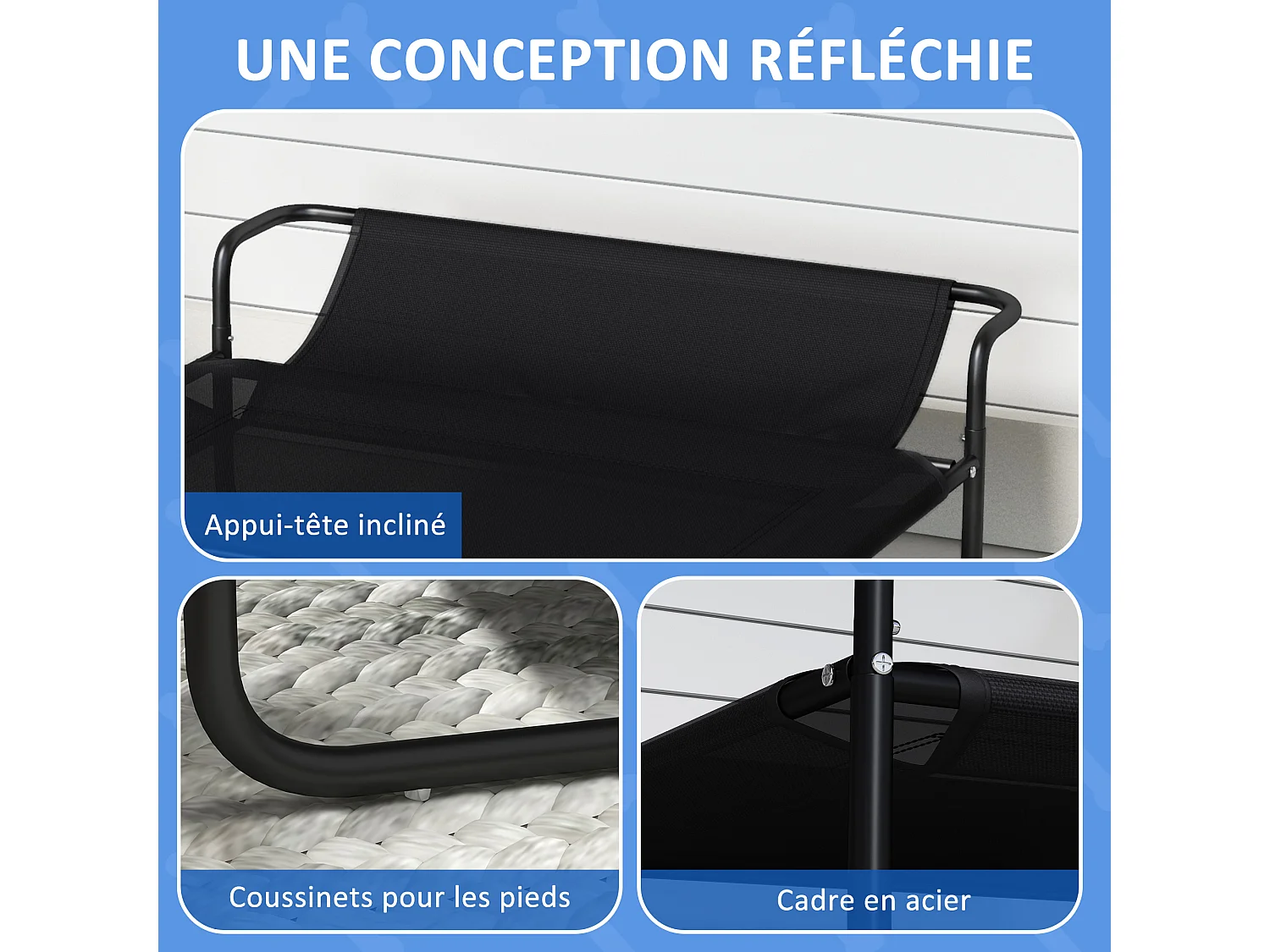 Lit surélevé pour chien appui-tête textilène micro-perforé noir