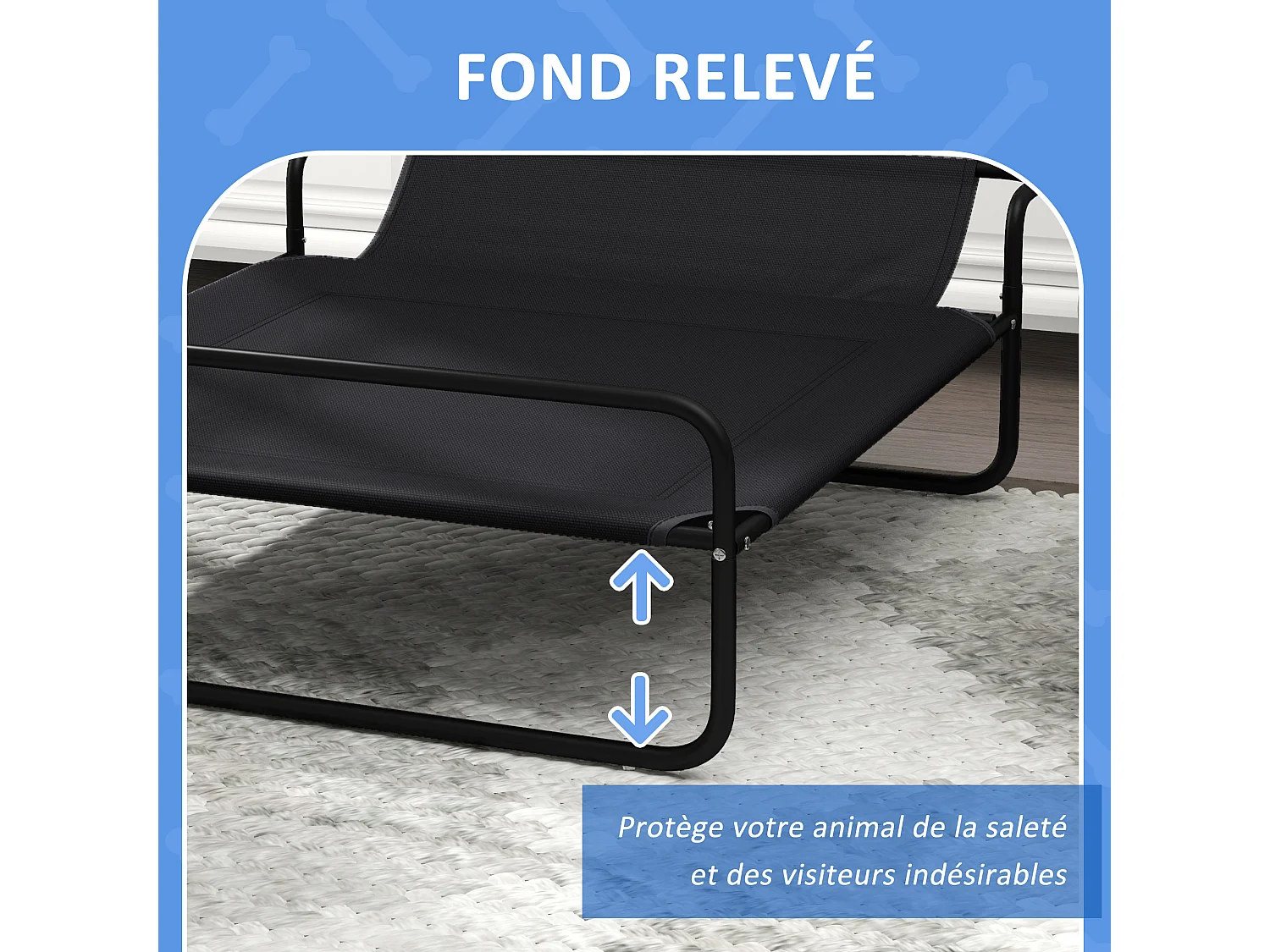 Lit surélevé pour chien appui-tête textilène micro-perforé noir