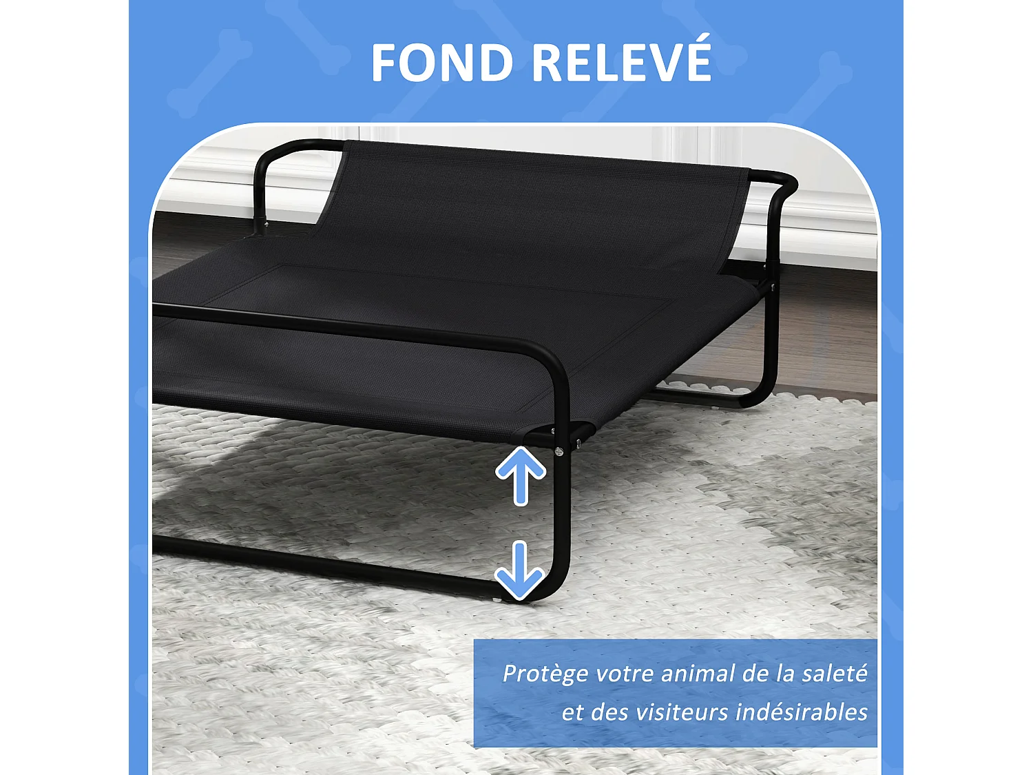 Lit surélevé pour chien appui-tête textilène micro-perforé noir