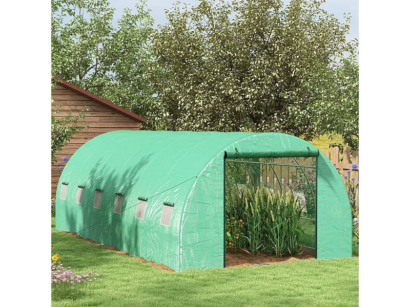 Serre de jardin tunnel 18 m² système d'arrosage intégré acier renforcé PE haute densité vert