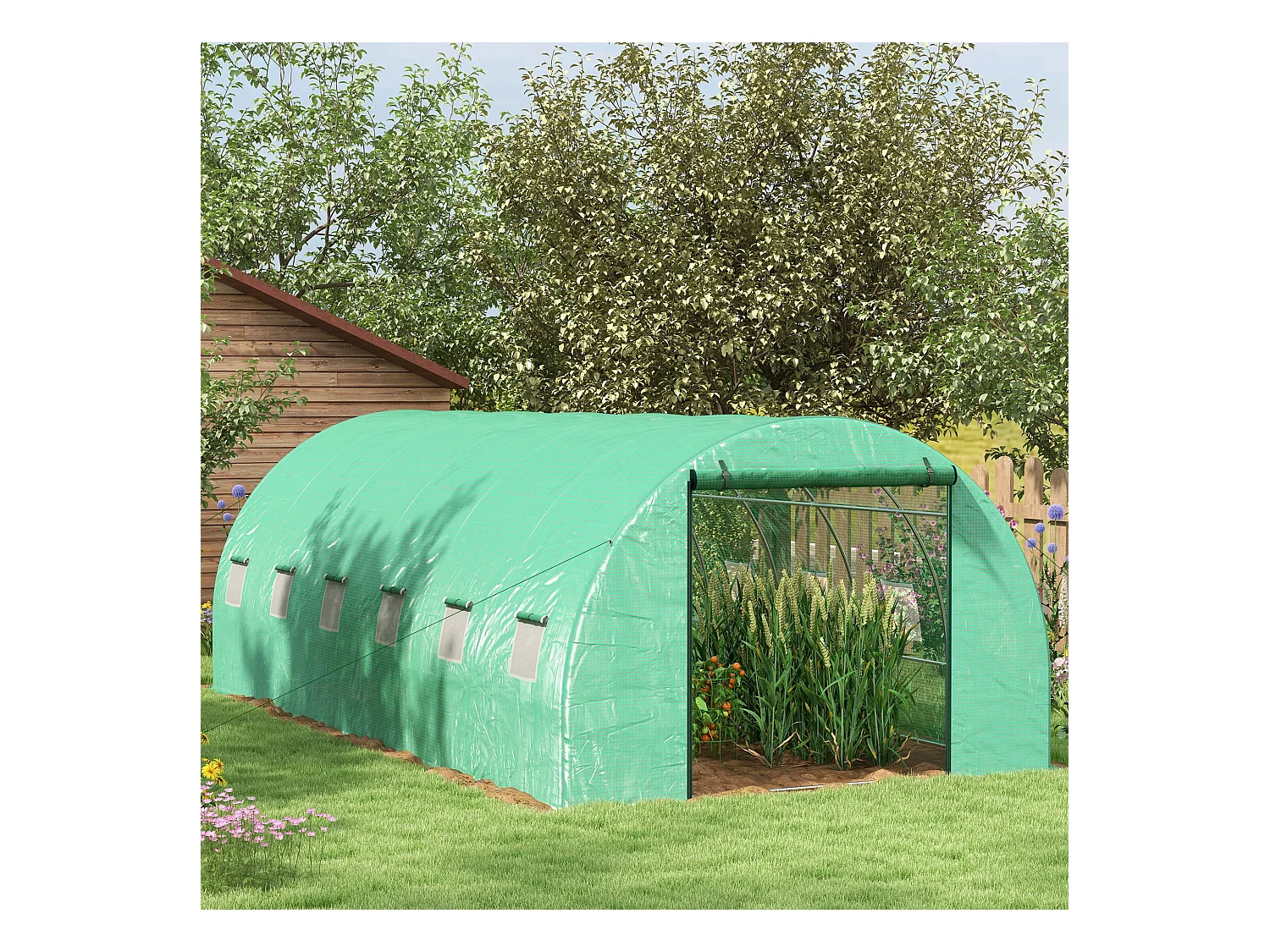 Serre de jardin tunnel 18 m² système d'arrosage intégré acier renforcé PE haute densité vert
