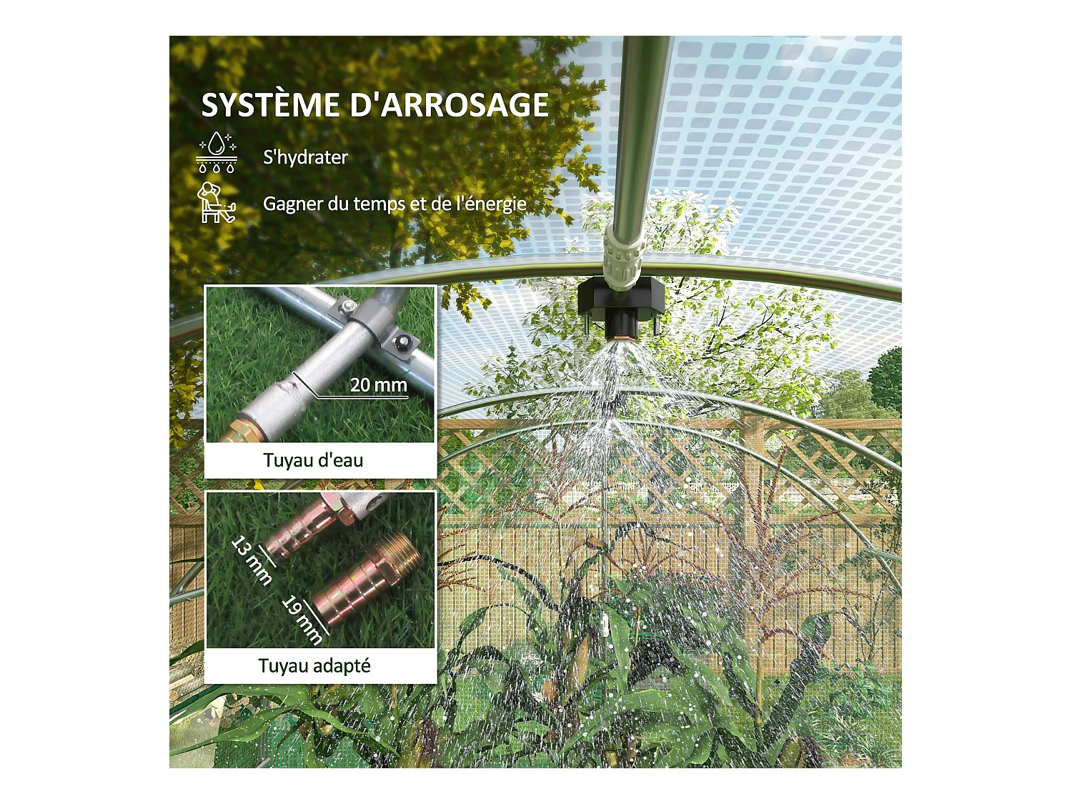 Serre de jardin tunnel 18 m² système d'arrosage intégré acier renforcé PE haute densité vert