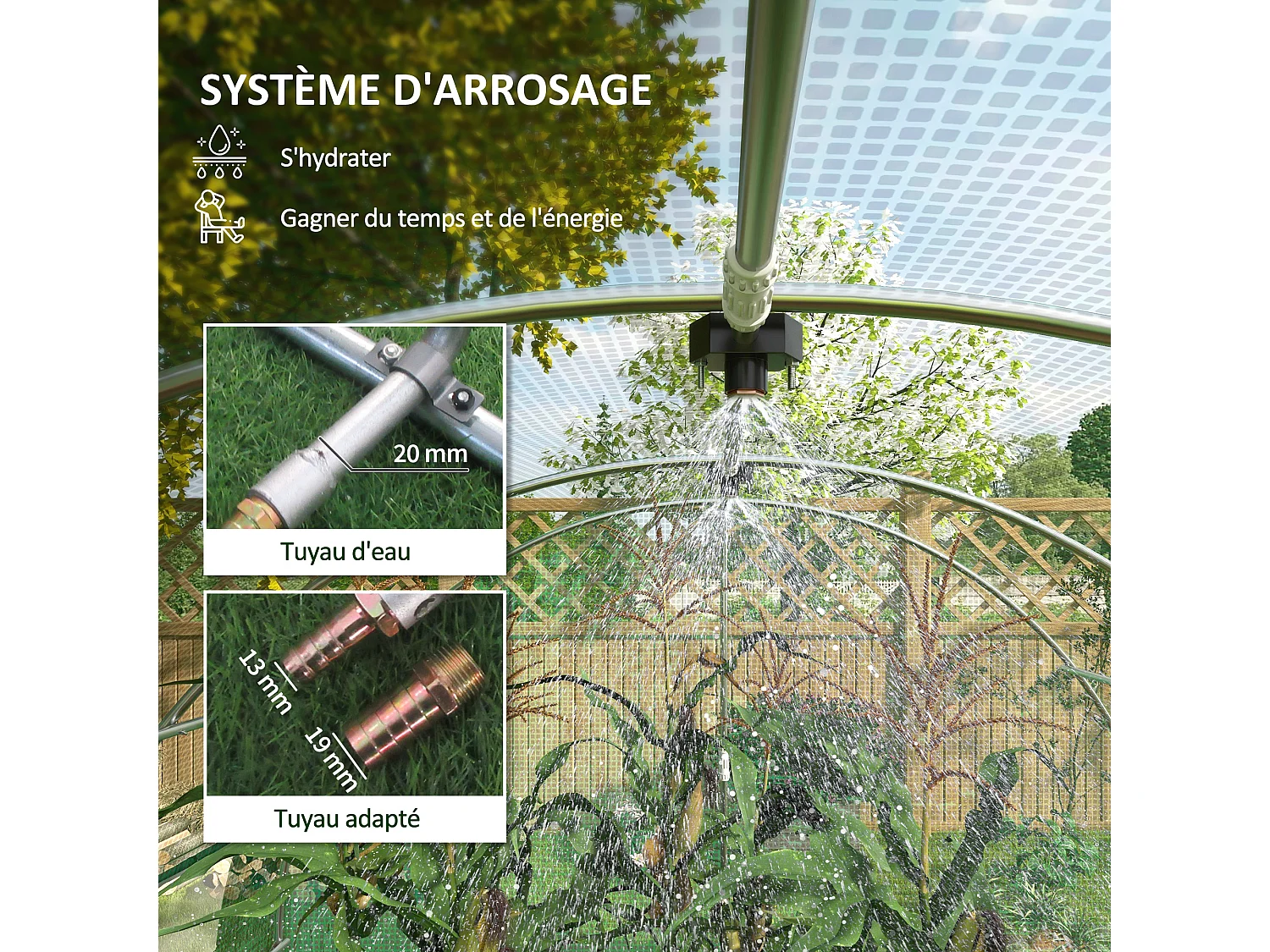 Serre de jardin tunnel 18 m² système d'arrosage intégré acier renforcé PE haute densité vert