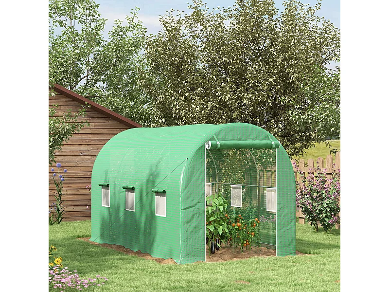 Serre de jardin tunnel surface sol 8 m² 4L x 2l x 2,05H m châssis tubulaire renforcé porte zippée 6 fenêtres enroulables vert