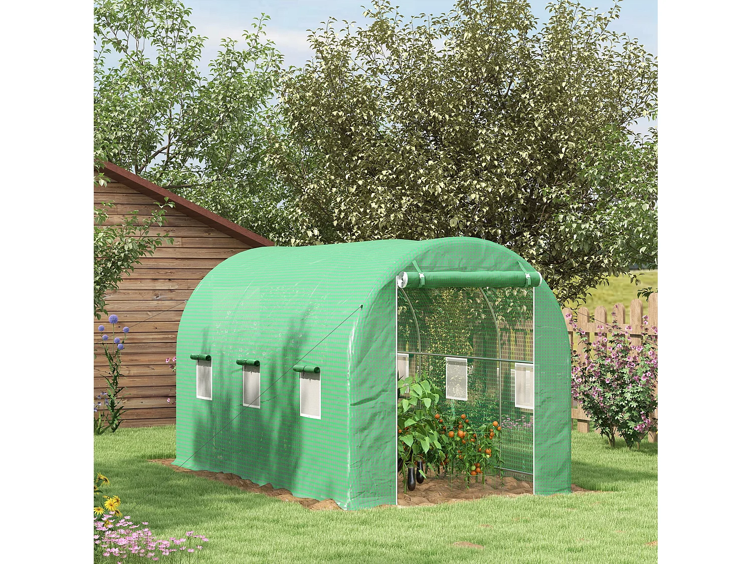 Serre de jardin tunnel surface sol 8 m² 4L x 2l x 2,05H m châssis tubulaire renforcé porte zippée 6 fenêtres enroulables vert