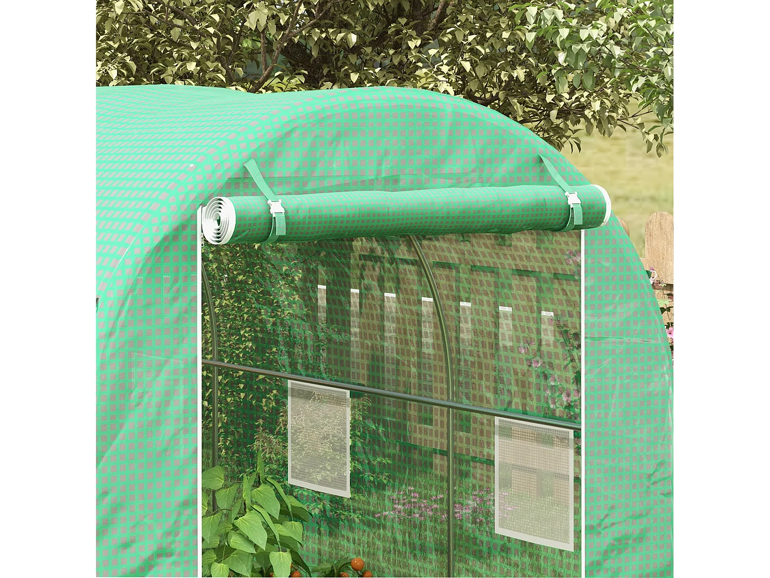 Serre de jardin tunnel surface sol 8 m² 4L x 2l x 2,05H m châssis tubulaire renforcé porte zippée 6 fenêtres enroulables vert