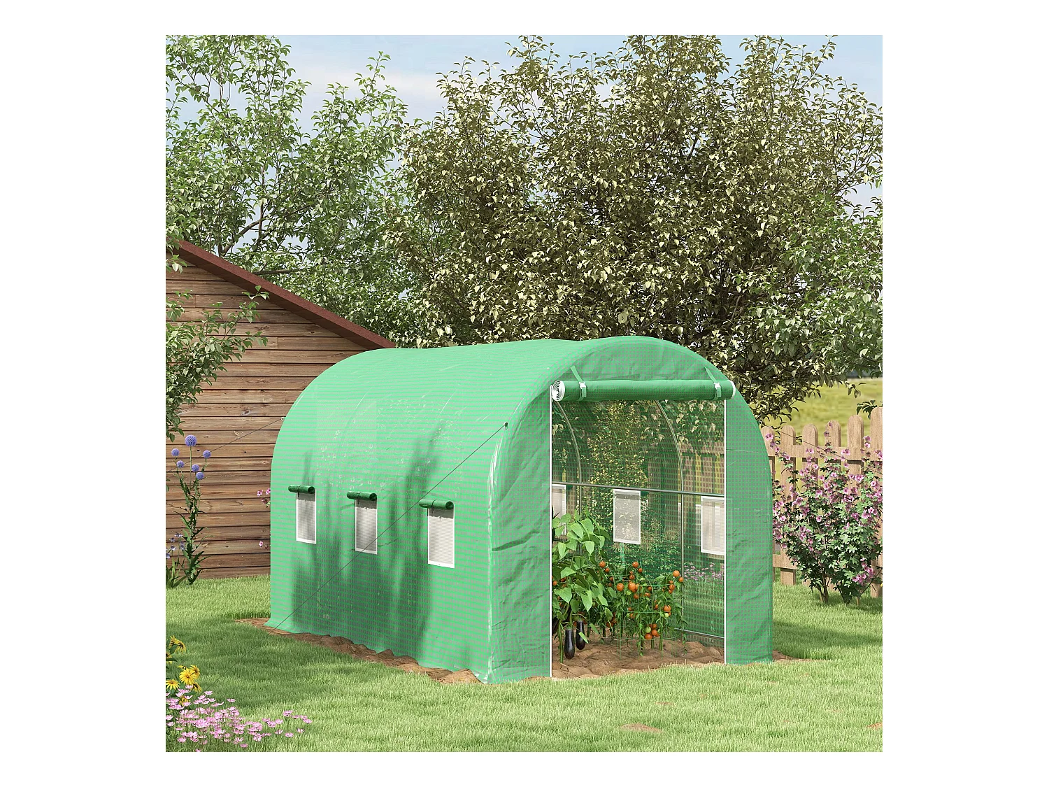 Serre de jardin tunnel surface sol 8 m² 4L x 2l x 2,05H m châssis tubulaire renforcé porte zippée 6 fenêtres enroulables vert