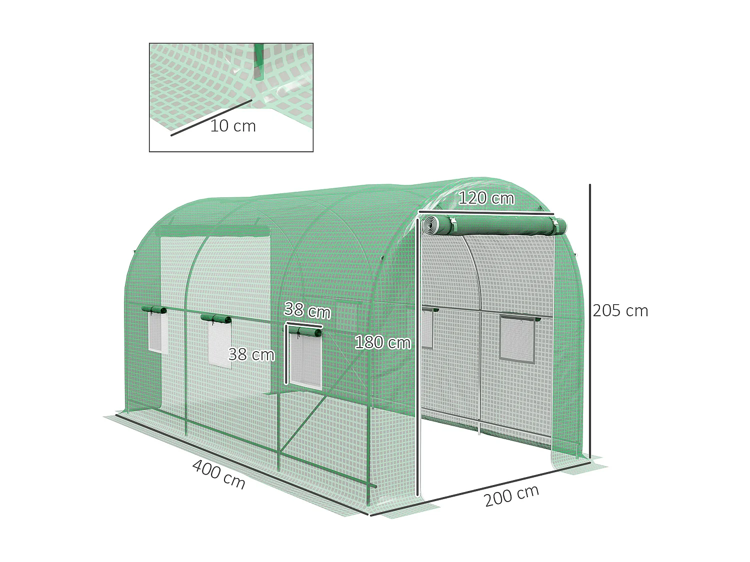 Serre de jardin tunnel surface sol 8 m² 4L x 2l x 2,05H m châssis tubulaire renforcé porte zippée 6 fenêtres enroulables vert