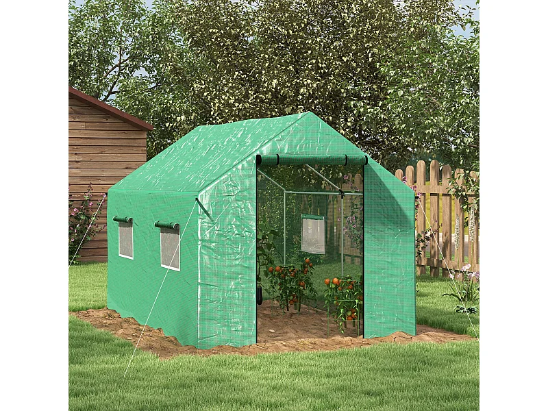 Serre de jardin tunnel 6 m² porte 4 fenêtres acier galvanisé PE vert