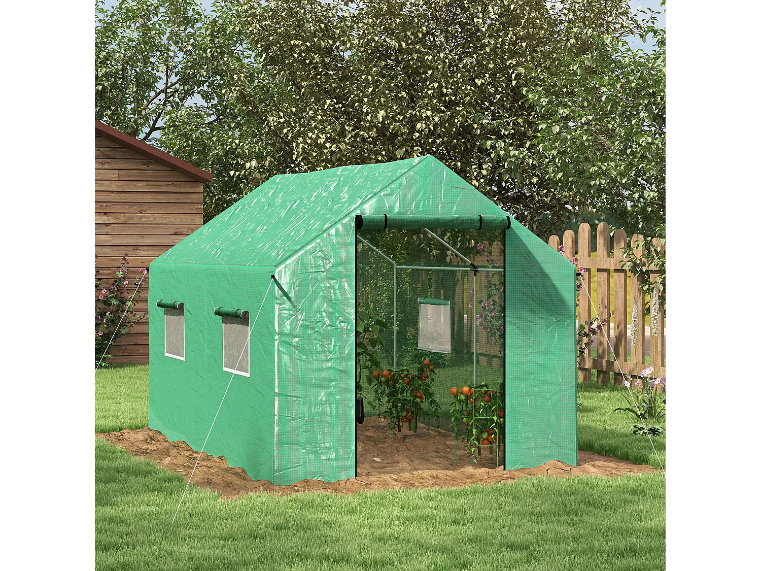 Serre de jardin tunnel 6 m² porte 4 fenêtres acier galvanisé PE vert