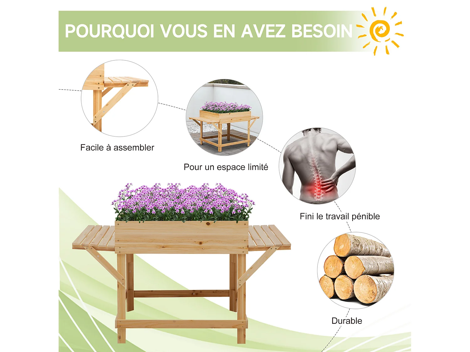 Jardinière sur pied potager dim. 130L x 75l x 75H cm 2 étagères, feutre drainage inclus bois sapin pré-huilé