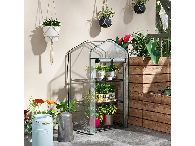 Serre de jardin balcon 3 niveaux métal thermolaqué vert PE transparent