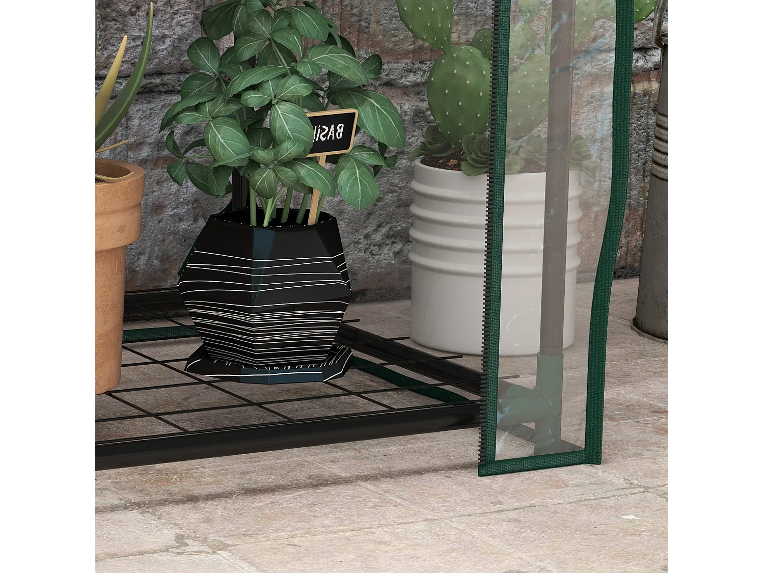 Serre de jardin balcon 3 niveaux métal thermolaqué vert PE transparent