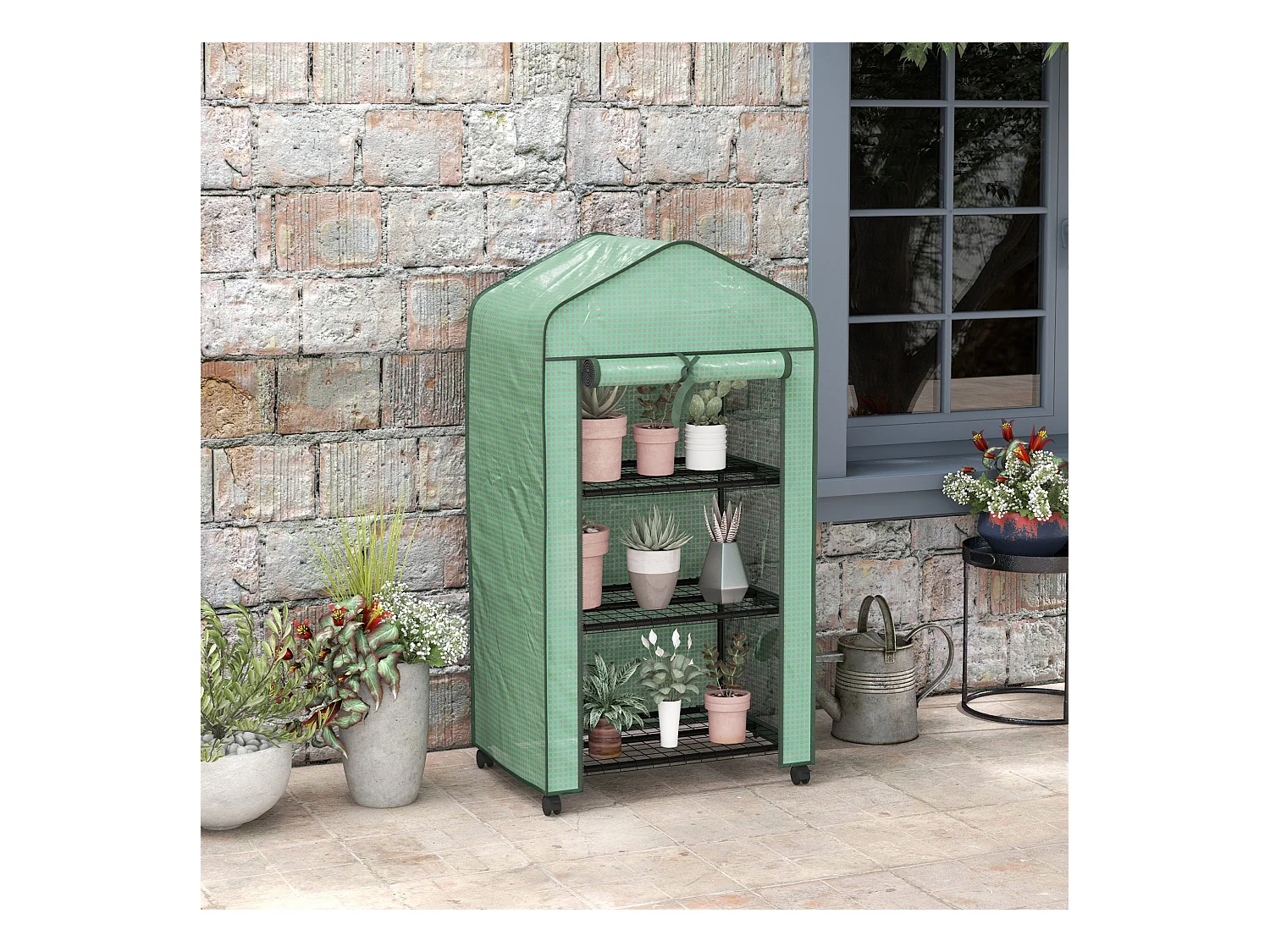 Mini serre de jardin 3 étagères porte enroulable 4 roulettes PE