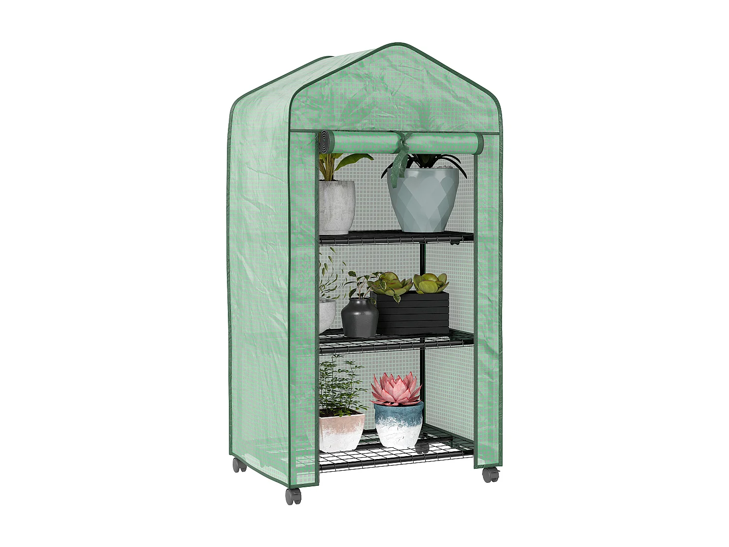 Mini serre de jardin 3 étagères porte enroulable 4 roulettes PE
