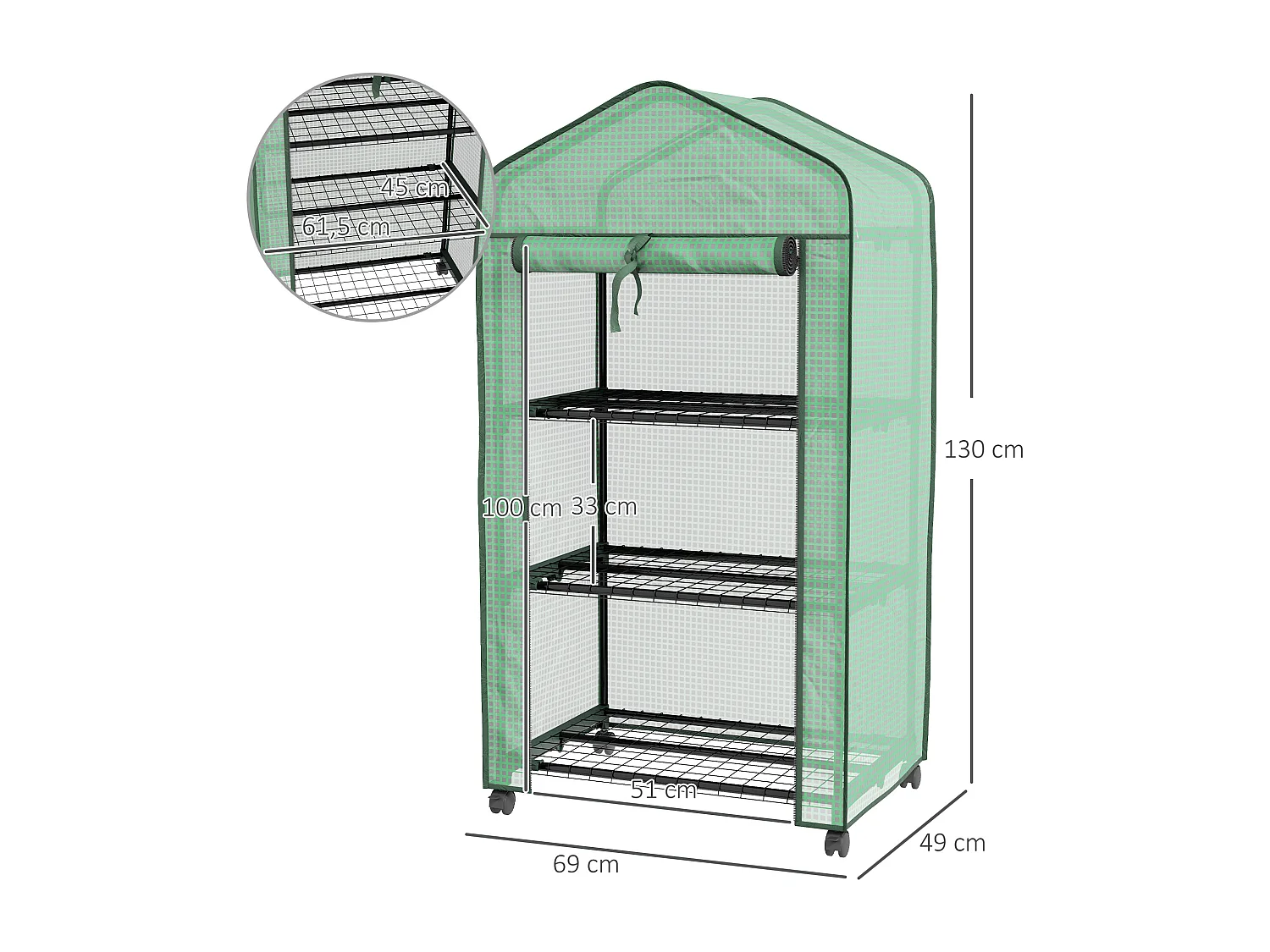 Mini serre de jardin 3 étagères porte enroulable 4 roulettes PE