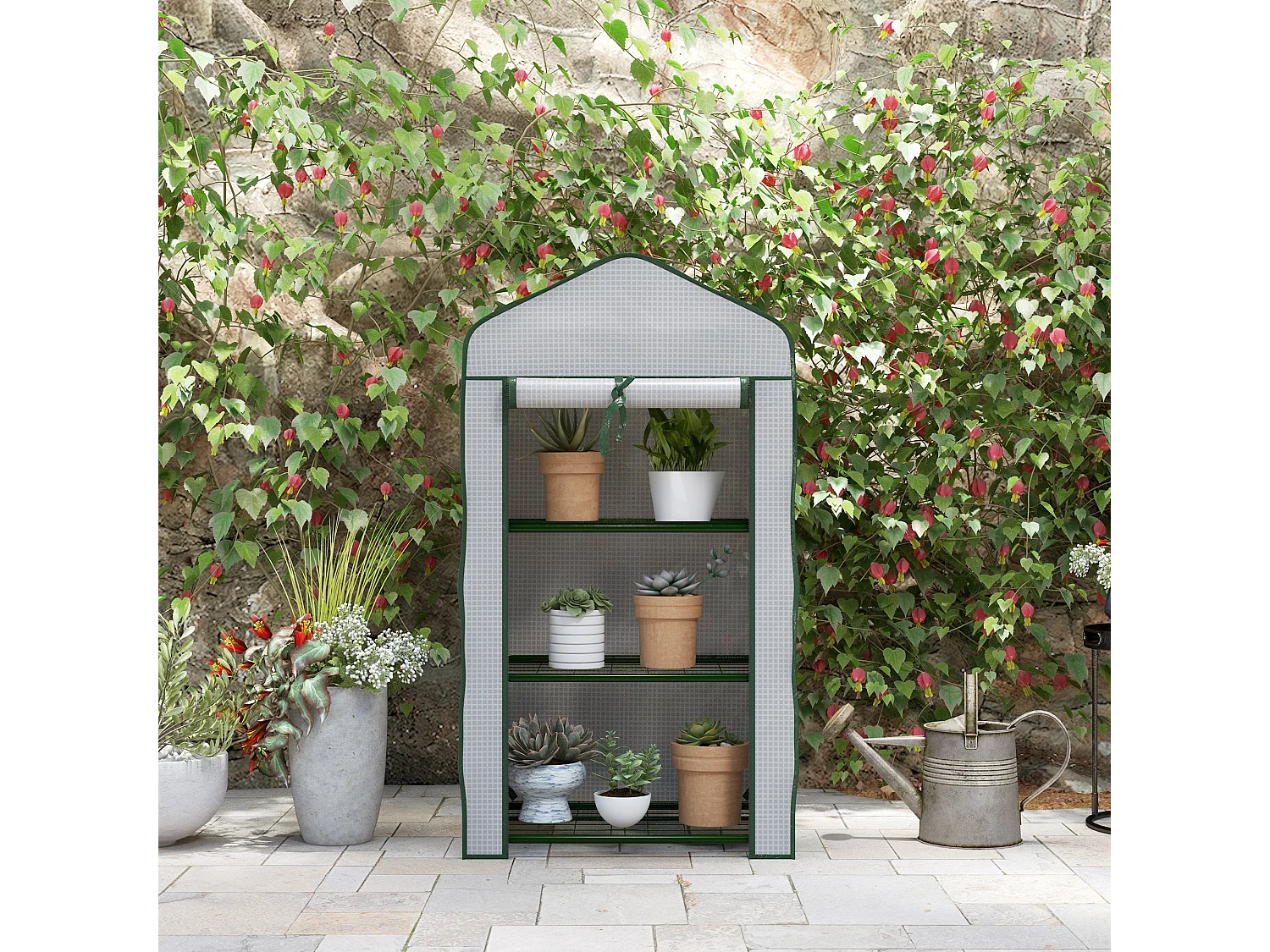 Serre de jardin balcon 3 niveaux métal thermolaqué vert PE blanc