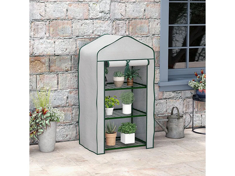 Serre de jardin balcon 3 niveaux métal thermolaqué vert PE blanc