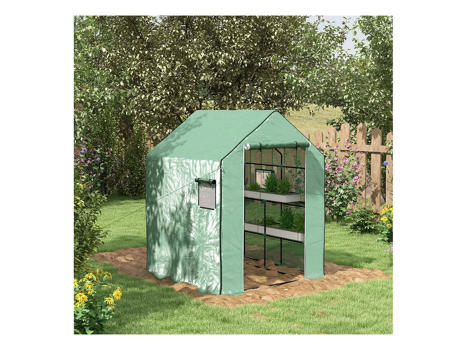 Serre de jardin 4 tablettes dim. 1,4L x 1,43l x 1,9H m porte déroulante fenêtre acier PE haute densité vert