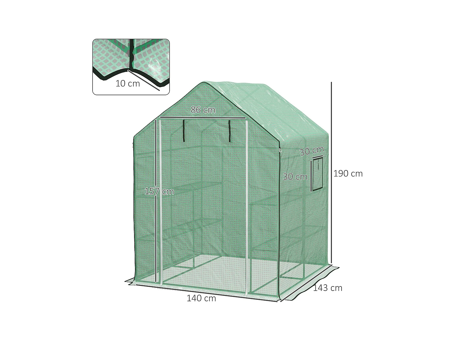 Serre de jardin 4 tablettes dim. 1,4L x 1,43l x 1,9H m porte déroulante fenêtre acier PE haute densité vert